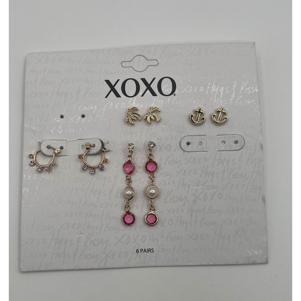 XOXO Gold Tone Earring Set 4 Pairs Palm Tree Anchor Sun Hoop Pink Pearl Drop